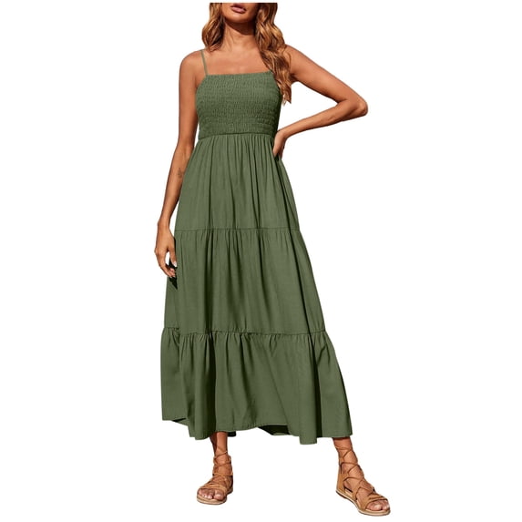 Womens Summer Dresses Bohemian Spaghetti Strap Smocked Tiered Long Beach Sun Dresses Sleeveless Solid Maxi Dress Tank Dresses for Women