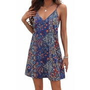 Scacto Womens Summer Dress Boho Floral Printed Spaghetti Strap Sleeveless Sundresses V Neck Beach Vacation Short Dresses