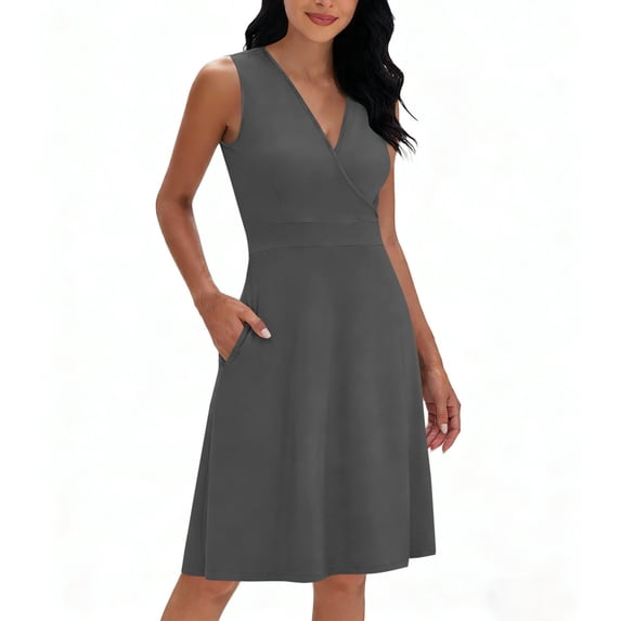 Womens Summer Dresses Business Casual V Neck Sleeveless Solid Mini Dress Soft Beach Loose Tank Sundress with Pockets
