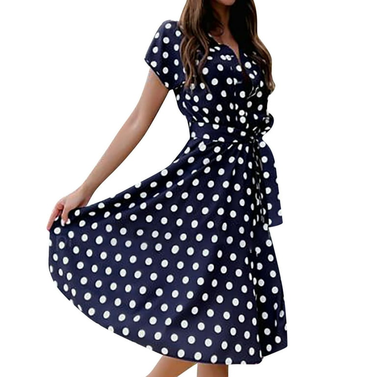 Womens Summer Dresses Button V Neck Polka Dots Printed Midi Dress Short Sleeve Casual Tie Waisted Flowy A Line Dress