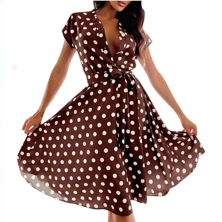 Womens Summer Dresses Button V Neck Polka Dots Printed Midi Dress