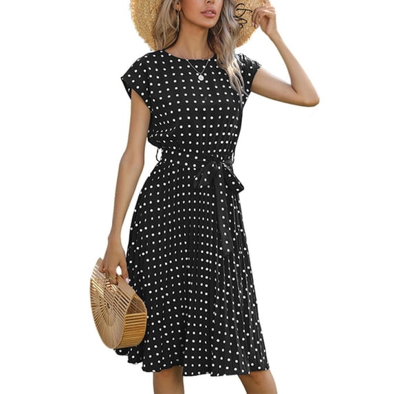 Womens Summer Dresses Cap Sleeve Polka Dot Falten Midi Dress 2024 Fashion O Neck Casual Fit Tiered Boho Beach Vacation Sundress (Black,XX-Large)