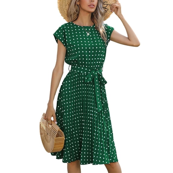 Womens Summer Dresses Cap Sleeve Polka Dot Falten Midi Dress 2024 Fashion O Neck Casual Fit Tiered Boho Beach Vacation Sundress (Green,Medium)