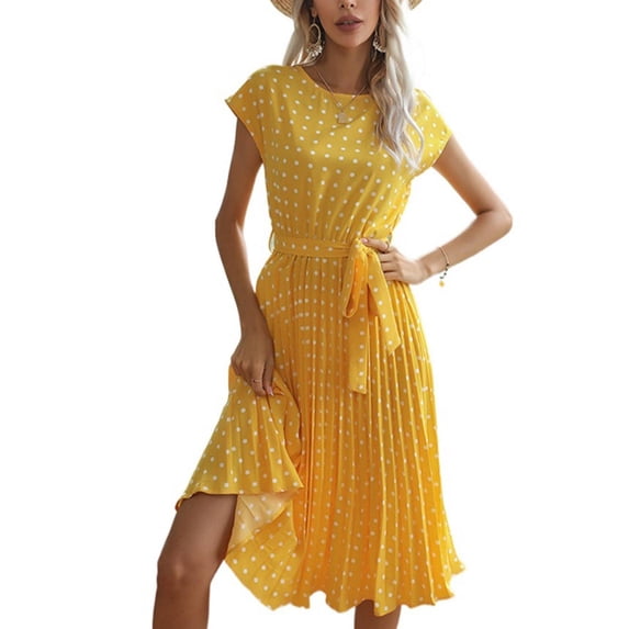 Womens Summer Dresses Cap Sleeve Polka Dot Falten Midi Dress 2024 Fashion O Neck Casual Fit Tiered Boho Beach Vacation Sundress (Yellow,Large)