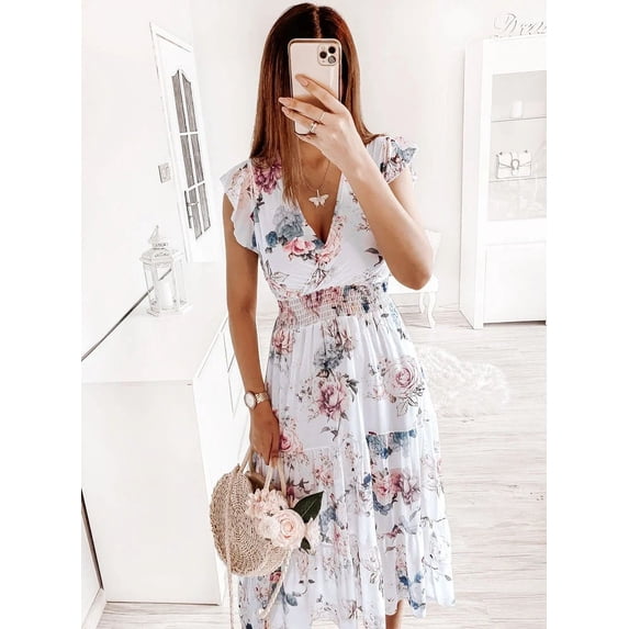 Womens Summer Dresses Casual Bohemian V-neck Ruffles Floral Printed Long Maxi Dress Ladies Short Sleeve Beach Dresses
