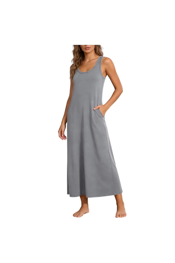 Womens Summer Dresses Casual Fashion Solid Color Crew Neck Sleeveless Pocket Ankle Length Holiday Leisure Wear
