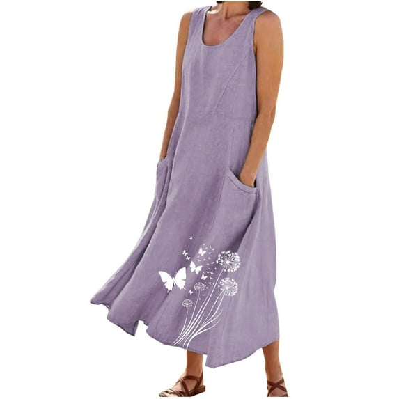 Womens Summer Dresses Casual Fashion Solid Color Sleeveless Round Neck Pocket Dress Skirt Loose Flowy Beach Sundress Purple (Size:S-5XL)