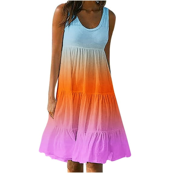 Womens Summer Dresses Casual Gradient Color Beach Tank Dress Loose Fit Sleeveless Scoop Neck Short Mini Dress Cmofy Soft A-Line Holiday Travel Sundress for Ladies UK