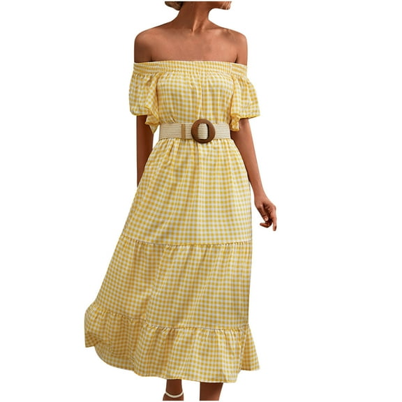 Sun Dresses Women Summer Casual Plaid Print Off Shoulder Ruffle Flowy Swing Beach Maxi Dress Short Sleeve Vacation Dress