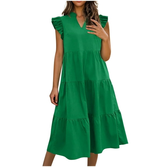 Womens Summer Dresses Casual Short Sleeve Round Neck Midi A Line Cotton Linen Sundress Green L