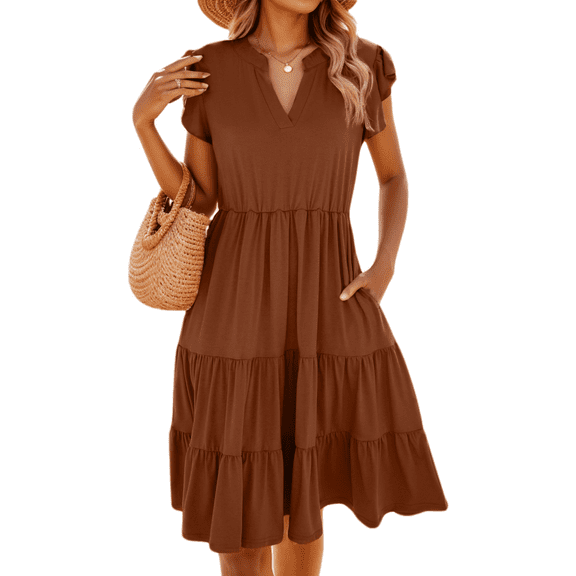 Womens Summer Dresses Casual Short Sleeve V Neck Elegant Boho Swing Midi Dress Beach Vacation Sundress (Caramel,XX-Large)