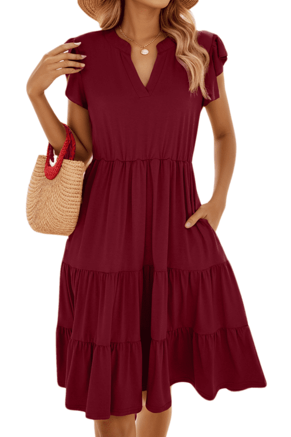 Womens Summer Dresses Casual Short Sleeve V Neck Elegant Boho Swing Midi Dress Beach Vacation Sundress (Wine red,Small)