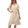thumbnail image 1 of Womens Summer Dresses Casual Short Sleeve V Neck Strap Lacing Sexy Midi Dress Wrap Party Club Sundress (Khaki,X-Large), 1 of 6