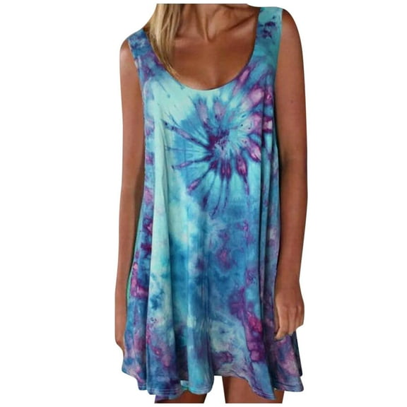 Womens Summer Dresses, Casual Summer Dresses for Women,Tie-Dye Women's Casual Dress Sleeveless Loose O-Neck Fashion Vest Colorful Print Summer Beach Dress