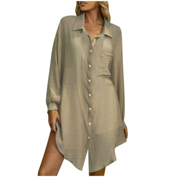 Womens Summer Dresses Casual V-Neck Solid Color Button Shirt Dress Ladies Long Sleeve Beach Dresses