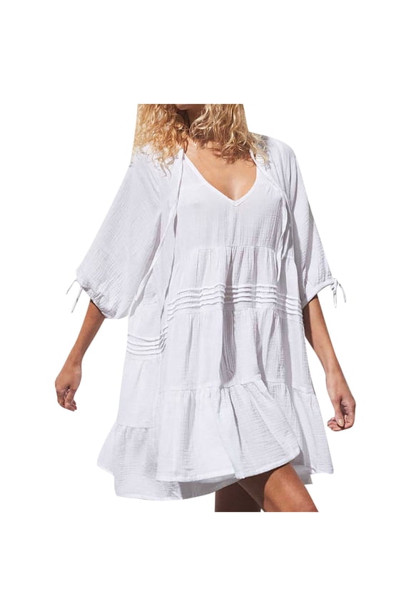 Womens Summer Dresses Casual V-Neck Solid Color Drawstring Mini Dress Ladies Short Sleeve Beach Dresses