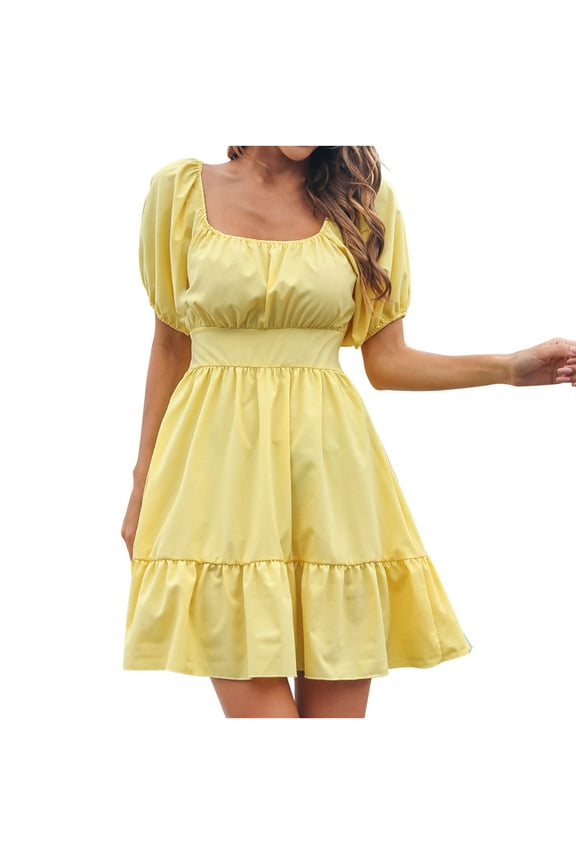 Womens Summer Dresses Chiffon Solid Color Square Neck Lace Up Swing Mini Dress Ladies Short Sleeve Beach Dresses