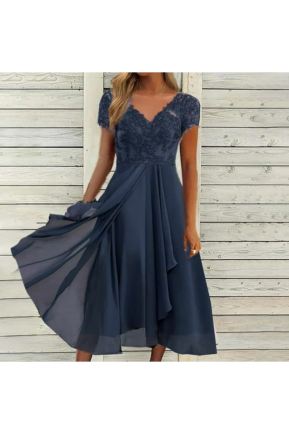 Womens Summer Dresses Chiffon V Neck Splicing Lace Hollow Female Long Bridesmaid Sun Dress Blue XXL