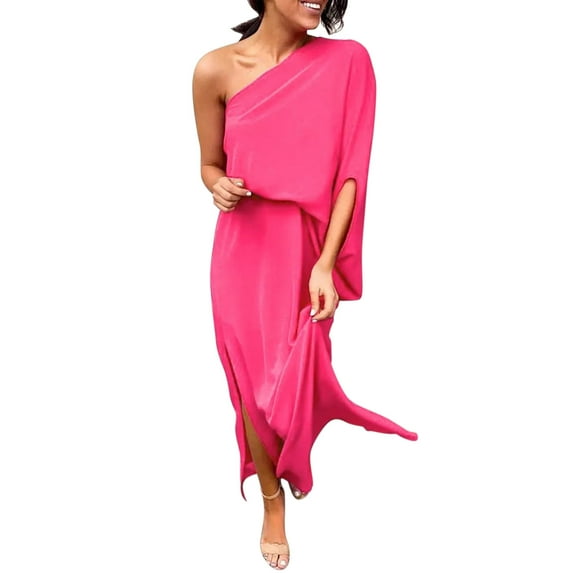 Womens Summer Dresses Clearance $5.00 Women's Summer Sleeveless One Shoulder Dress Boho Floral Print Smocked Midi Dress Tiered Ruffle Long Maxi Dress(Hot Pink,XL)