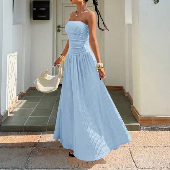 Womens Summer Dresses Comfy Strapless Elegant Ruched Bodycon Flowy Sleeveless Dress for Vacation Everyday Essential M