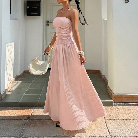 Womens Summer Dresses Comfy Strapless Elegant Ruched Bodycon Flowy Sleeveless Dress for Vacation Everyday Essential XS