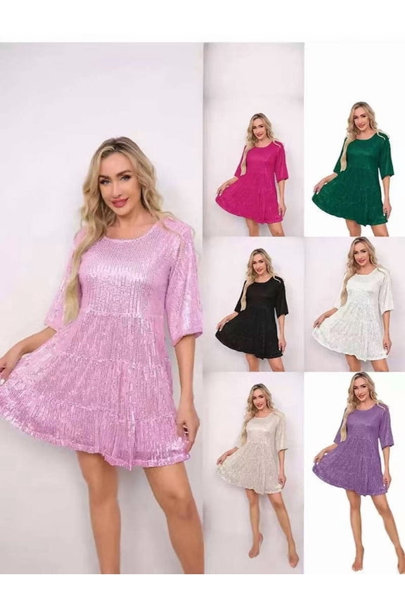 Womens Summer Dresses Crew Neck Short Sleeve Plus Size Sequined Sundress Women Casual Beach Summer Dress Boho Flowy Cover Up Short Dress