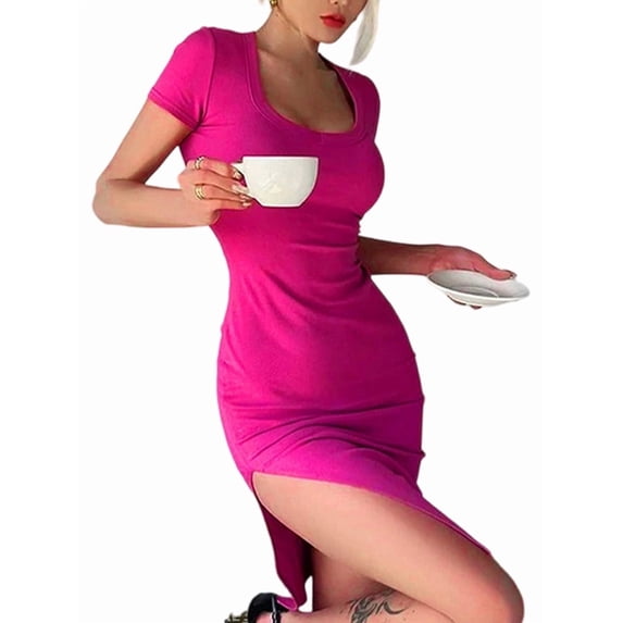 Womens Summer Dresses Crew Neck Short Sleeve Ribbed Knit Slim Fitted Bodycon Mini Pencil Dress Rose Red S