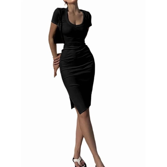 Womens Summer Dresses Crew Neck Short Sleeve Ribbed Knit Slim Fitted Bodycon Mini Pencil Dress
