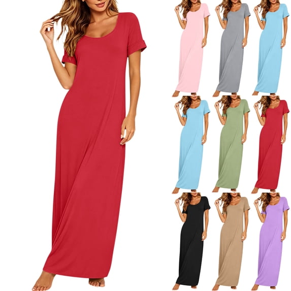 Womens Summer Dresses Cuffed Short Sleeve U Square Neck Solid Color Loose Casual Maxi Dress for Daily Beach and Loungewear Vacation Daily Wear