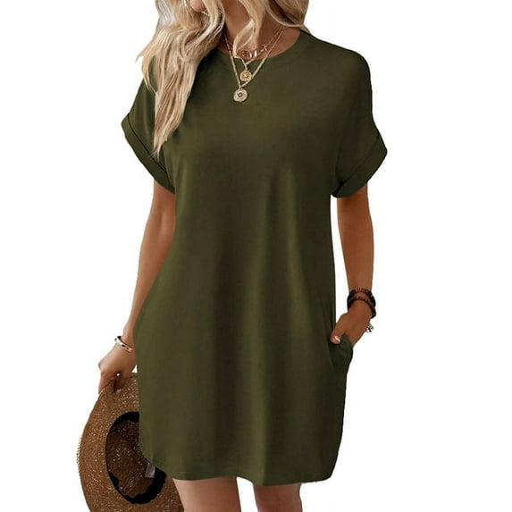 Womens Summer Dresses Fashion 2025 Short Sleeve Spring Mini Dress Casual Beach Vacation Clothes Dresses Army Green M