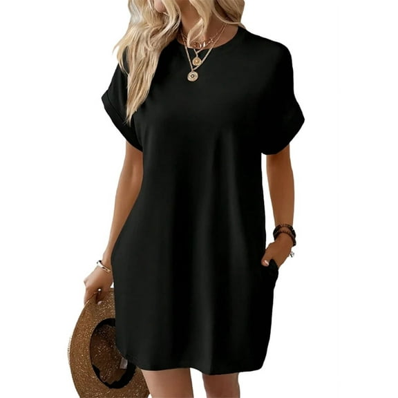 Womens Summer Dresses Fashion 2025 Short Sleeve Spring Mini Dress Casual Beach Vacation Clothes Dresses Black S