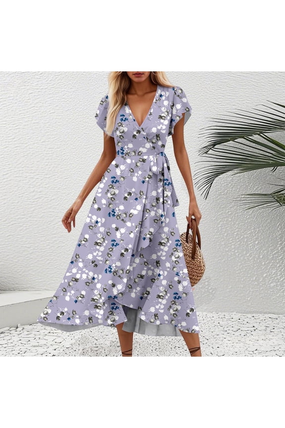 Women Casual Dresses Printing Dress Sexy V-Neck Short Sleeved Dresses Bandage Comfortable Dresses
