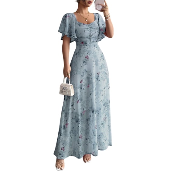 Womens Summer Dresses, Floral Chiffon Long Maxi Dress, Square Neck Puff Sleeve Ruched Waist Flowy Dress Navy M