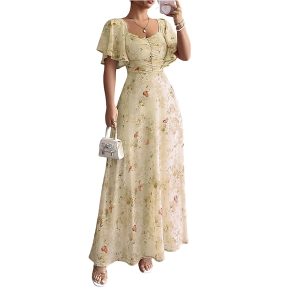 Womens Summer Dresses, Floral Chiffon Long Maxi Dress, Square Neck Puff Sleeve Ruched Waist Flowy Dress Yellow S