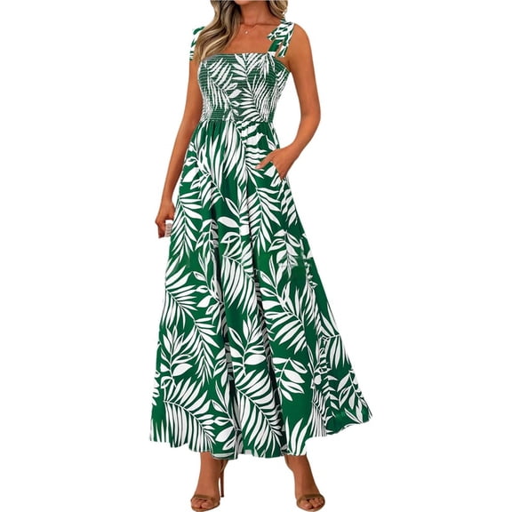 Womens Summer Dresses Floral Sleeveless Smocked Maxi Dress Boho Spaghetti Strap A Line Flowy Beach Long Sundress Green M