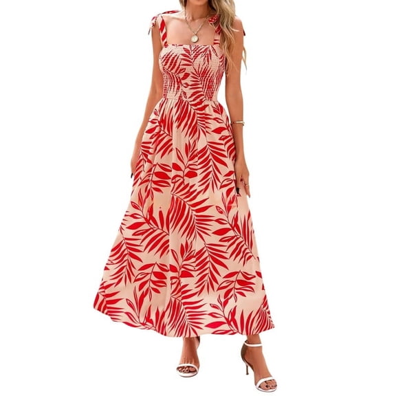 Womens Summer Dresses Floral Sleeveless Smocked Maxi Dress Boho Spaghetti Strap A Line Flowy Beach Long Sundress Red L