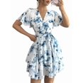 thumbnail image 1 of Womens Summer Dresses Floral V Neck Ruffled Hem Spaghetti Spring Casual Beach Outfits Flowy Wrap Sun Dress Blue M, 1 of 8