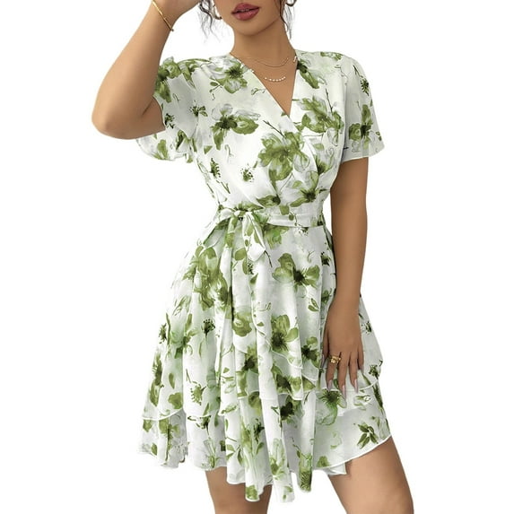 Womens Summer Dresses Floral V Neck Ruffled Hem Spaghetti Spring Casual Beach Outfits Flowy Wrap Sun Dress Green S