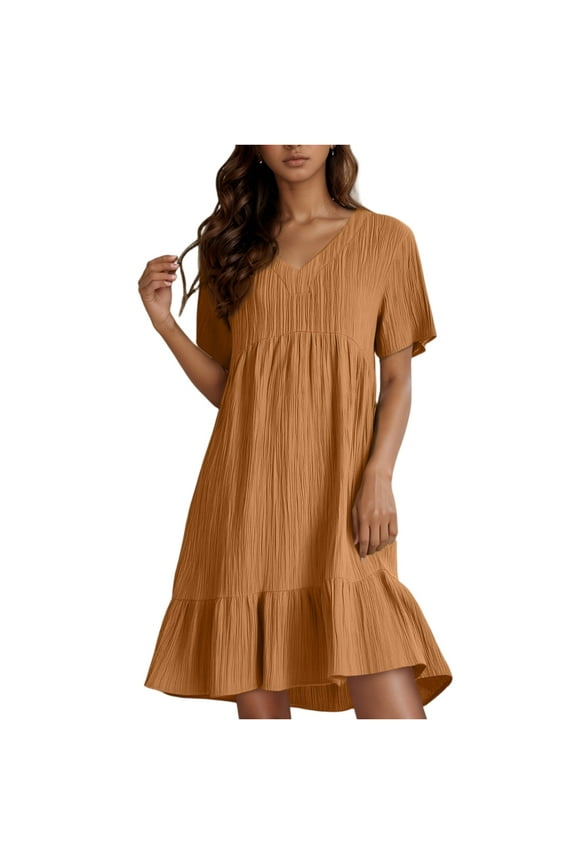 Swing Modest Dresses for Curvy Women Ruffle Tiered Layered Cotton Linen V Neck Lightweight Gauze Dresses Knee Length Short Sleeve Work Short Dresses Brown L