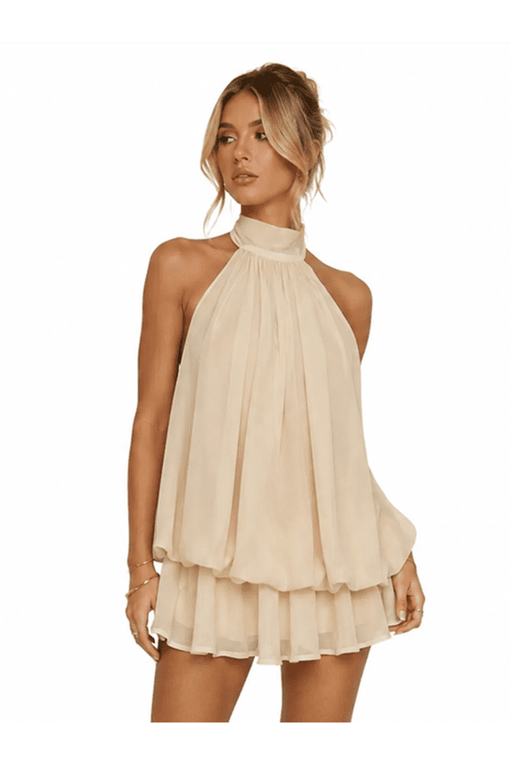 Womens Summer Dresses Halter Tie Mini Dress with Built-in Shorts, Chiffon Elegant A-Line Backless Sundress
