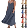 thumbnail image 1 of Womens Summer Dresses Imitation And Cotton Linen Suspender Solid Pocket Jumpsuit Long dress, 1 of 7