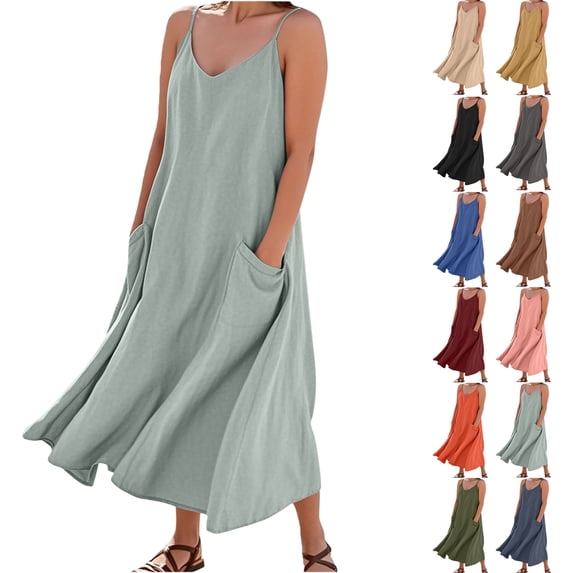 Womens Summer Dresses Imitation And Cotton Linen Suspender Solid Pocket Jumpsuit Long dress