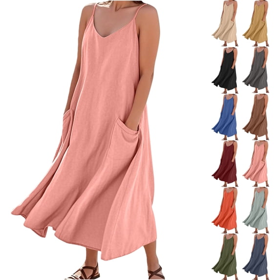 Womens Summer Dresses Imitation And Cotton Linen Suspender Solid Pocket Jumpsuit Long dress