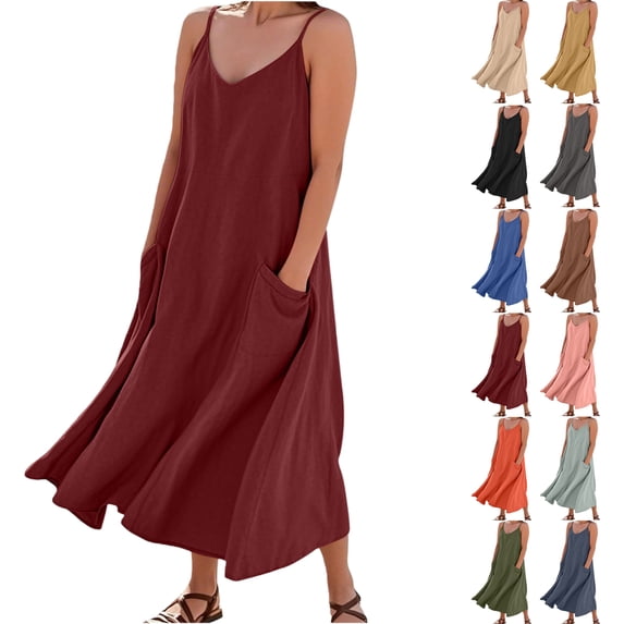 Womens Summer Dresses Imitation And Cotton Linen Suspender Solid Pocket Jumpsuit Long dress