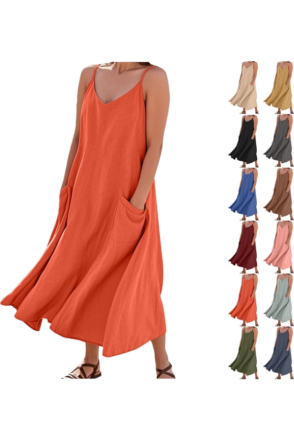 Womens Summer Dresses Imitation And Cotton Linen Suspender Solid Pocket Jumpsuit Long dress