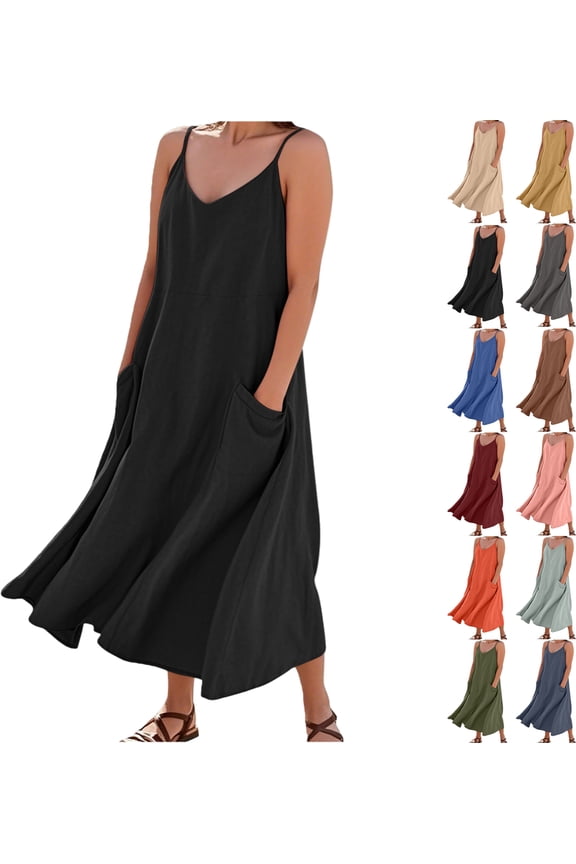 Womens Summer Dresses Imitation And Cotton Linen Suspender Solid Pocket Jumpsuit Long dress
