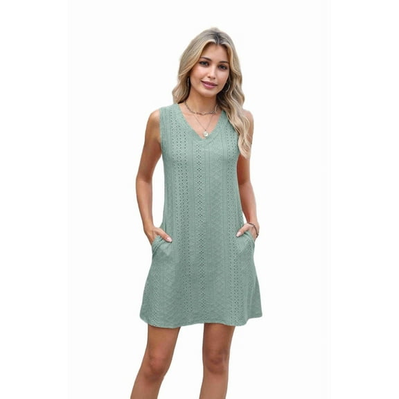 Womens Summer Dresses Loose Fit V Neck Sleeveless Sundresses Beach Hawaiian Dress with Pockets Dark Green S