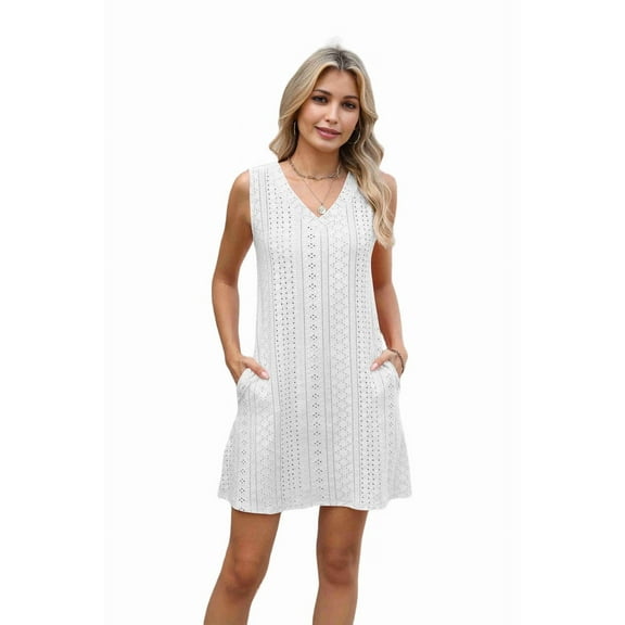 Womens Summer Dresses Loose Fit V Neck Sleeveless Sundresses Beach Hawaiian Dress with Pockets White S