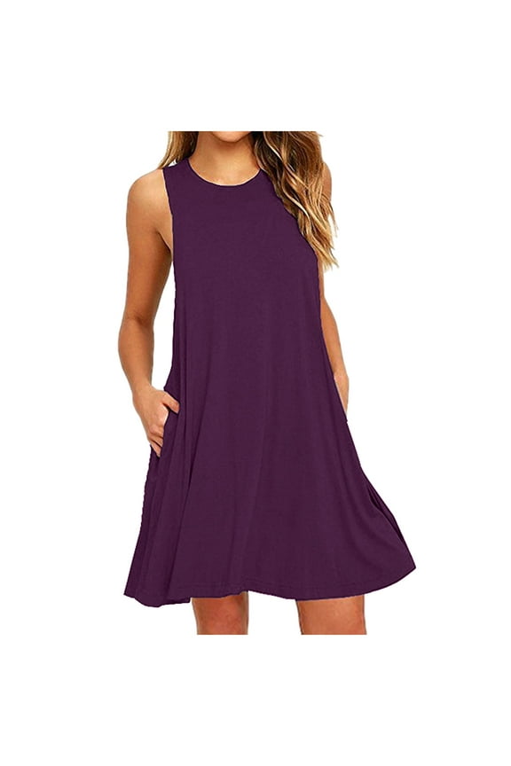 Womens Summer Dresses Loose Round Neck Sleeveless Sundresses Dress with Pockets Casual Mini Sun Dress Casual Lightweight Beach Vacation Dress