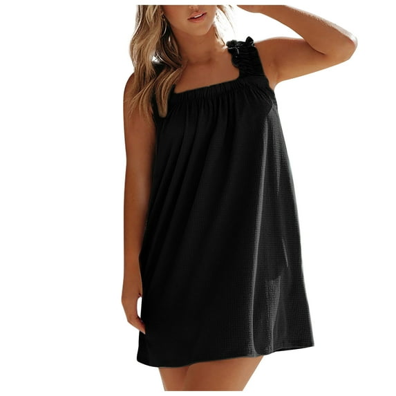 Yijfswar Womens Summer Dresses Loose Sleeveless Ruffle Sleeve Short Flowy Pleated Mini Dress with Pockets